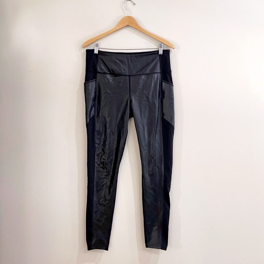 Athleta Black Leggings with Faux Leather Panel Detail Athletic - Women  Sz Large